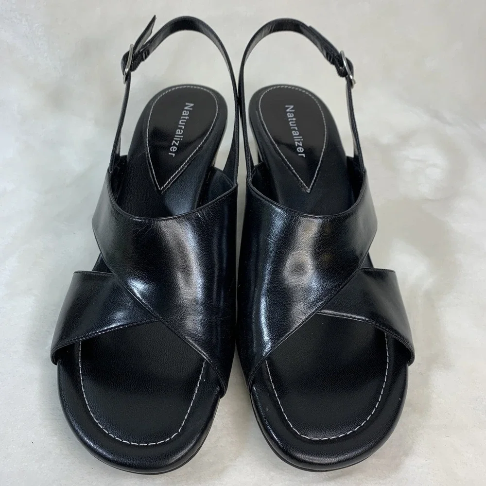 Naturalizer Serenity Black Sling Back Leather Open Toe Heels  EUC Size 7 Width C
